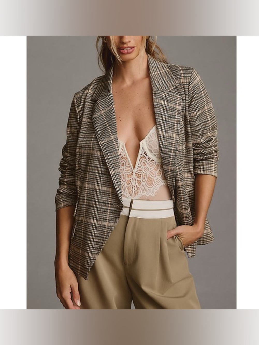Maeve by Anthropologie Tailored Plaid Blazer in Taupe
